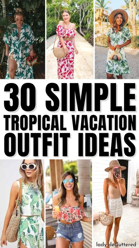 30 Simple Tropical Vacation Outfit Ideas Tropical Dress Outfit, Tropical Party Outfit, Simple Beach Outfit, Summer Beach Vacation Outfits, Beach Outfits Women Vacation, Casual Vacation Outfits, Tropical Outfits, Tropical Vacation Outfits, Vacation Outfit Ideas