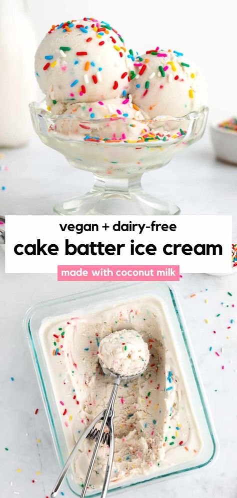 This vegan cake batter ice cream recipe is sweet, creamy, and tastes like funfetti birthday cake! It's dairy-free, eggless, and gluten-free friendly. The easy recipe is made with coconut milk, yellow cake mix, sprinkles, vanilla extract, and almond extract. You can make it two ways: with an ice cream maker or with no machine (no churn). It's a funfetti dessert for birthdays and parties! #cakebatter #icecream #birthdaycake #coconutmilk #veganicecream #dairyfreeicecream #coconutmilkicecream Cake Batter Ice Cream Recipe, Dairy Free Ice Cream Cake, Dairy Free Birthday Cake, Funfetti Birthday Cake, Funfetti Birthday, Cake Batter Ice Cream, Paleo Ice Cream, Vegan Ice Cream Recipe, Vegan Birthday Cake