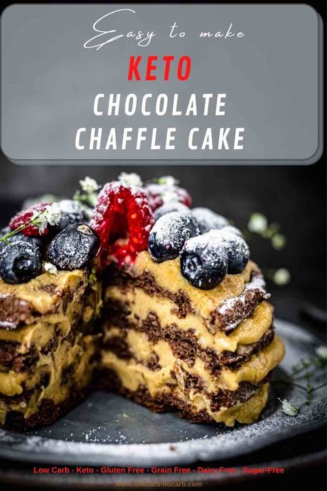 Our Chocolate Chaffle Cake with Peanut Butter Mousse is a perfect idea for a Birthday Cake or any special occasion, you might need delicious Keto Dessert. This Sugar-Free, Low Carb, Keto, Gluten-Free, and Grain-Free Chaffle Recipe is not only great looking but is a build-up of extra nutritious ingredients. Chaffle Cake, Chocolate Chaffle, Sugar Free Cake Recipes, Sugar Free Nutella, Chocolate Bar Recipe, Chocolate Chia Seed Pudding, Chaffle Recipe, Peanut Butter Mousse, Sugar Free Cake