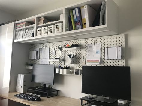 BESTA cupboard and shelves with SKADIS peg board. Ikea Skadis Pegboard Ideas Office, Skadis Desk Ideas, Peg Board Home Office, Peg Board Desk Setup, Skadis Office Ideas, Ikea Skadis Office, Skadis Ikea Ideas Office, Pegboard Organization Office, Ikea Peg Board Ideas