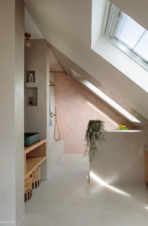 Bathroom In Eaves Loft Conversions, Shower Under Velux Window, Dorma Loft Conversion Bathroom, Loft Extension Ideas Master Bedrooms, Narrow Attic Bathroom, Slant Ceiling Bathroom, London Loft Conversion, Loft Conversion London, Loft Conversion Ideas Dormer