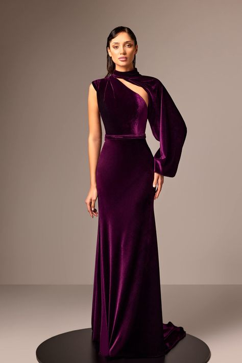 One sleeve velvet dress – HerTrove Long Velvet Dress Gowns, Long Sleeve Gown Dress, 2024 Evening Dress, Gowns Dresses Velvet, Velvet Dress Purple, Elegant Long Sleeve Luxury Velvet Dress, Evening Dresses Long With Sleeves, Purple Evening Dress Long, Long Velvet Dress Outfit