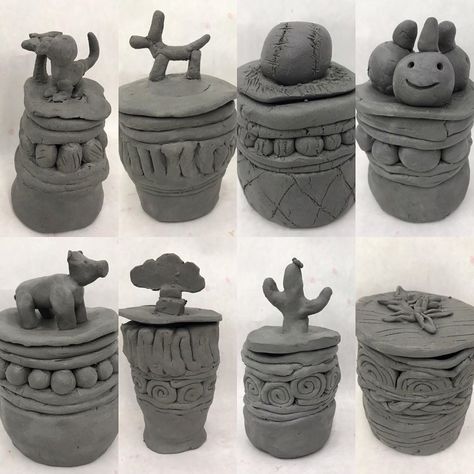 Chrissie Grace 🎨 Art Teacher on Instagram: “I love the creative touches students are using in their handles! 🎃🌵🌸🦖☁️🥎🎈 #middleschoolart #clayproject #claypots” Coil Pottery Ideas Unique, Middle School Ceramics, Ceramic Projects For Kids, Middle School Clay Projects, Kids Ceramics Projects, Pottery Studio Ideas, High School Ceramics, Clay Projects For Kids, Clay Lesson