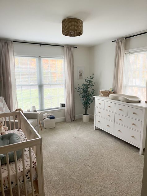 Grey White And Beige Nursery, Curtains For Nursery Neutral, Washed Natural Crib Nursery, Nursery With Light Wood Crib, Crib In Front Of Window Nursery, Neutral Gray Nursery, Natural Baby Boy Nursery, Boy Nursery Light Fixture, White Crib Boy Nursery