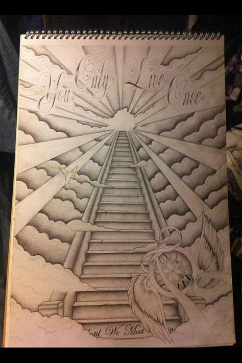 Heaven Back Tattoo, Stairs Tattoo, Stairway To Heaven Tattoo, Cloud Tattoo Sleeve, Heaven Tattoos, Tattoo Outline Drawing, Cloud Tattoo, Forearm Sleeve Tattoos, Religious Tattoos