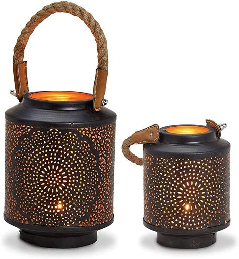 Set of 2 oriental lanterns, black oriental lanterns, metal inside, shiny gold, rustic character thanks to the handle made of coarse rope, diameter 10 and 15 cm, height: 13 and 18 cm: Amazon.de: Küche & Haushalt Storm Lantern, Tea Light Lanterns, Lantern Candle Decor, Real Fire, Garden Lanterns, Gold Interior, Table Lamp Sets, Lamp Sets, Light Reflection