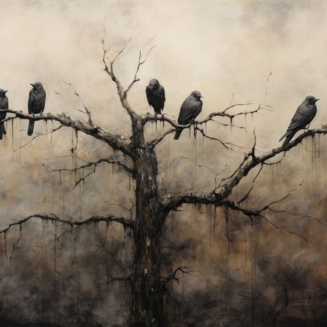 Vintage Halloween Crows Printable Wall Art, Halloween Wall Art, Perching Crows Wall Art, Perching Crows Art, Spooky Landscape, Digital Art - Etsy Vintage Spooky Art, Halloween Charcoal Drawing, Spooky Landscape, Halloween Crows, Crows Art, Crow Pictures, Nature Crown, Landscape Digital Art, Crow Painting