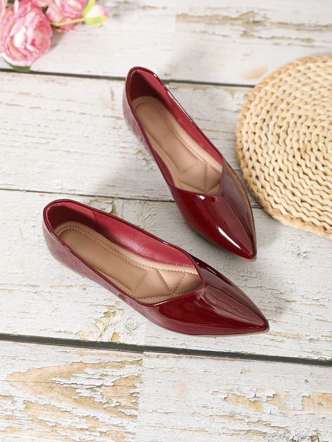 Fashion Red Ballet Shoes For Women, Point Toe Flats | SHEIN USA Cherry Shoes, Red Ballet Shoes, Burgundy Ballet Flats, Burgundy Flats, Church's Shoes, Shein Shoes, Cherry Wine, Women Flats, Pointed Toe Flats