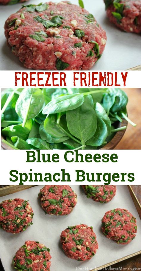 Freezer Meal, Blue Cheese Burgers, Healthy BBQ, Freezer Meals, Meal Prep Blue Cheese Burgers Recipes, Spinach Burgers, Food Prepping, Blue Cheese Burgers, Cheese Burgers, Cheeseburger Recipe, Cheese Spinach, Good Recipe, Freezer Meal Prep