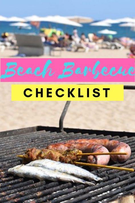 Beach BBQ checklist. Headed to the beach with friends and family and plan to cook? If you're having a barbeque you need to make sure to bring all the essentials. #food #beach Grill On The Beach, Beach Cooking Ideas, Cooking On The Beach, Beach Barbeque Party, Beach Party Essentials, Bbq On The Beach, Beach Grilling Ideas, Beach Bbq Party, Beach Bbq Ideas