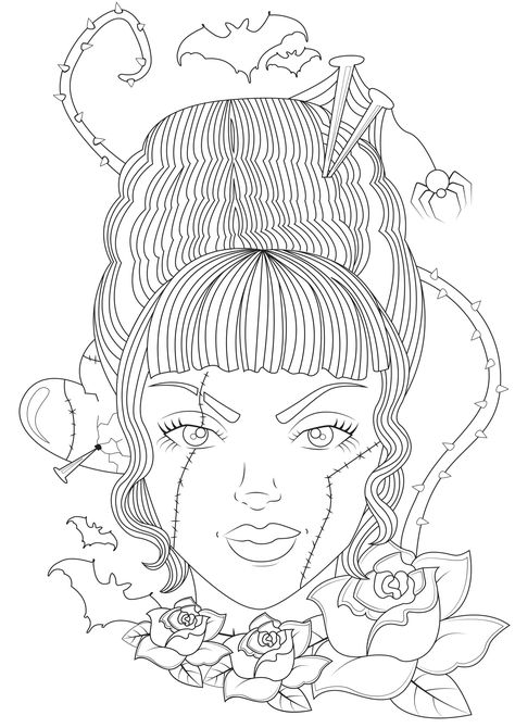 Coloring page inspired by Bride of Frankenstein (1935 American science-fiction horror film) Bride Of Frankenstein Coloring Page, Scary Coloring Pages For Grown Ups, Chucky Coloring Pages, Horror Coloring Pages, Batman And Spiderman, Spiderman Coloring Pages, Bride Of Frankenstein Halloween, Chubby Mermaid, Frankenstein Film