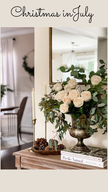 Silver Ice Bucket Decor, Ice Bucket Floral Arrangement, Bucket Decor, Silver Ice Bucket, Eucalyptus Stems, Cottages And Bungalows, Seeded Eucalyptus, Interior Decorator, Rose Vase