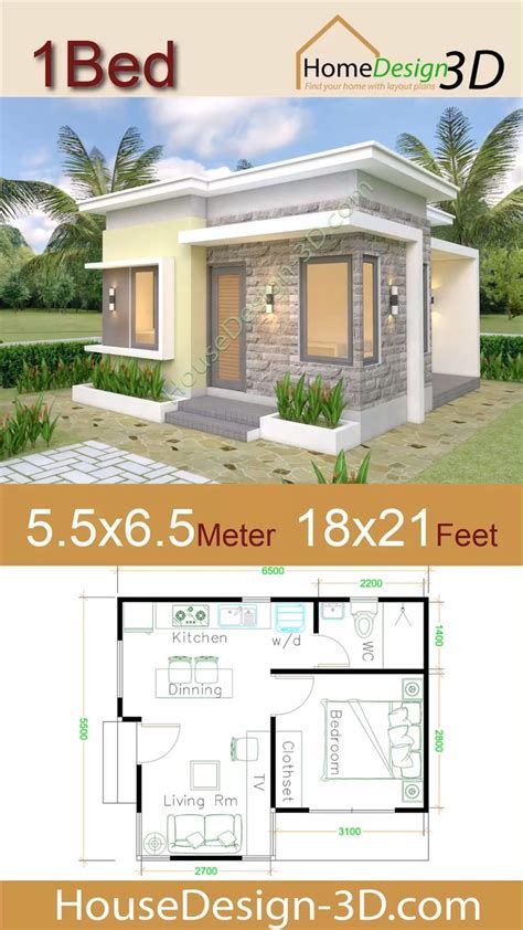 House Design Plans 5.5x6.5 With One Bedroom Flat Roof Gable Roof House, House Plans 3d, One Bedroom House Plans, One Bedroom House, Flat Roof House, 3d House Plans, Small House Layout, House Roof Design, Modern Small House Design