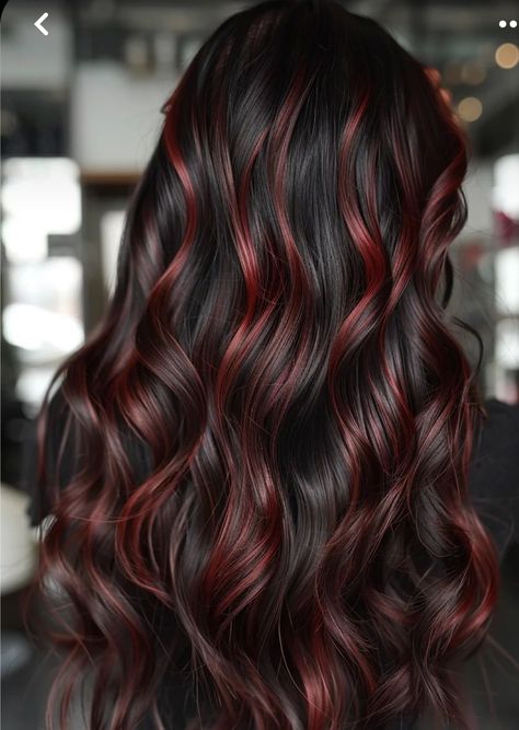 Dark Brown Hair With Red Lowlights, Brown Hair With Red Lowlights, Black Hair Red Highlights, Black With Red Highlights, Black Hair With Red Highlights, Color Balayage, Hair Color Burgundy, Red Highlights, Awesome Hair