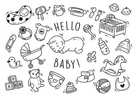 Baby toys and accessories doodle Premium Vector 9 Month Baby Toys, Organize Baby Toys, Cleaning Baby Toys, Modern Baby Toys, Outdoor Baby Toys, Baby Toy Box, Vintage Baby Toys, Pregnancy Scrapbook, Doodle Baby