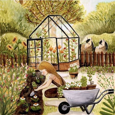 Artist: Esther Bennink Summer Garden Illustration, Gardener Painting, Garden Illustration Art, Storybook Art, Garden Illustration, Garden Drawing, Whimsical Paintings, Cute Cottage, Animated Love Images