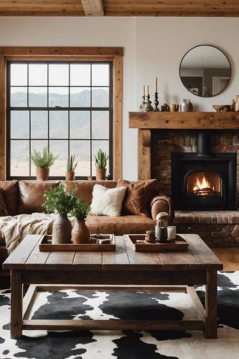 Cozy living room with a leather sofa, rustic wooden coffee table, and a fireplace, decorated with plants and a round mirror. Western Modern Home, Western Chic Home, Sheepskin Blankets, Masculine Living Room Decor, Western Living Room Ranch Style, Western Farmhouse Living Room, Masculine Decor Living Room, Modern Western Living Room, Western Modern Home Decor