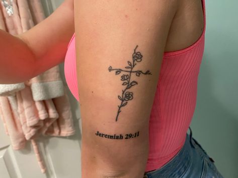 Jeremiah 29 11 Tattoo Ideas Beautiful, Floral Bible Verse Tattoo, Cross And Bible Verse Tattoo, Cross Bible Verse Tattoo, Cross With Bible Verse Tattoo, 29 11 Tattoo, Jeremiah 29 11 Tattoo, Tattoo Bible Verse, Girl Cross Tattoos