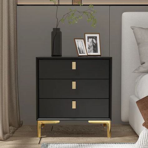 Everly Quinn Nightstand & Reviews | Wayfair Black Side Table Bedroom, Black And Gold Nightstand, Inset Drawers, Amazon Furniture, Brown Nightstands, Metal Nightstand, Black Nightstand, Masculine Bedroom, Impressions Vanity