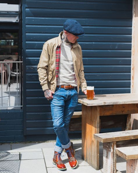 New Casual Collection is Here!  This new collection is all about easygoing style with a touch of British heritage.  Looking for the perfect outfit for a laid-back pub evening with your mates after work? Check out our latest look! – featuring a cool jacket, comfy top, and standout boots. Available now in stores and online here: https://masterdebonair.co/products/simon-in-harrington-casual-look Mens Harrington Jacket Outfit, Harrington Jacket Outfit, Harrington Jacket Men, Walking Clothes, Dapper Mens Fashion, Men Bodies, Walking Outfits, Street Fashion Men Streetwear, Men Streetwear