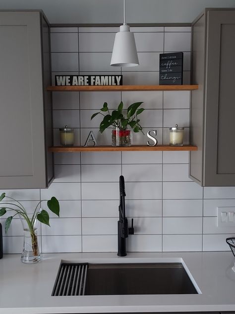 One Wall Kitchen No Window, Sink No Window Kitchen, Off Centered Kitchen Sink Window, Kitchen Shelving Ideas Above Sink, No Window Over Sink Ideas, Blank Wall Above Kitchen Sink, Fake Kitchen Window Over Sink, Fake Window Above Kitchen Sink, Space Above Sink Kitchen No Window