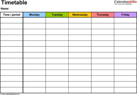 PDF timetable template 2: landscape format, A4, 1 page, Monday to Friday (5 day week), in colour Revision Timetable Template, Free Printable Weekly Calendar, Class Schedule Template, Daily Calendar Template, Marketing Calendar Template, June Calendar, Timetable Template, Excel Spreadsheets Templates, Excel Calendar Template