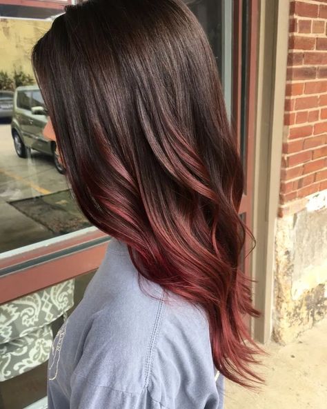 Red Balayage on Brown Hair 20 + - Inspired Beauty Subtle Fashion Color Hair, Subtle Red Ombre Hair, Chocolate Cherry Ombre Hair, Subtle Pink Balayage Brunette, Villian Era Hair, Subtle Pink Balayage, Chocolate Cherry Hair Color Balayage, Rosewood Hair Color, Bold Brunette Hair Color