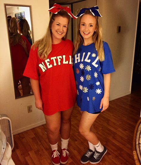 Best friend Halloween costume!Netflix and Chill was a HUGE hit All craft supplies and Tshirts found at Hobby Lobby! Diy Cute Halloween Costumes, Netflix And Chill Costumes, Pair Halloween Costumes, Easy Couple Halloween Costumes, Funny Couple Costumes, Bff Halloween Costumes, Best Friend Halloween Costumes, Holloween Costume, Hallowen Costume