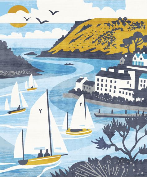 Sea Illustration Art, Boat Illustration, Sea Illustration, Seaside Art, Linocut Art, Seasalt Cornwall, Coastal Landscape, Landscape Illustration, Sailboats