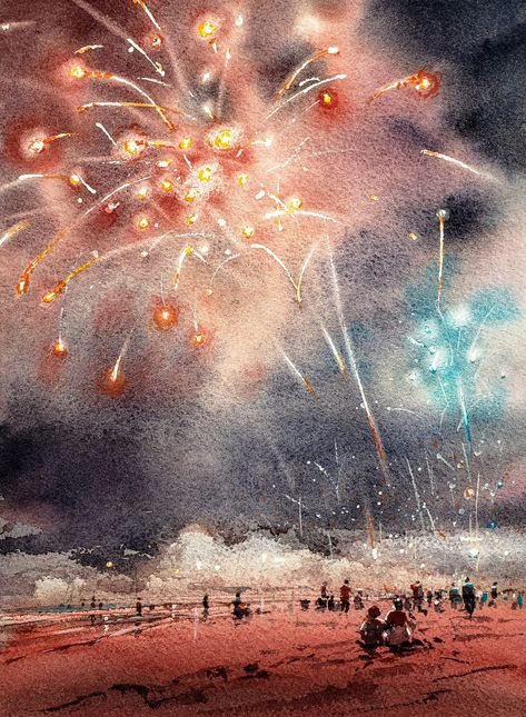 Yong Hong Zhong  ·     Happy July 4th! Festival Painting Watercolor, Fireworks Watercolor Painting, Watercolour Fireworks, Firework Watercolor, Fireworks Artwork, Fireworks Watercolor, Watercolor Fireworks, Fireworks Painting, Salt Watercolor