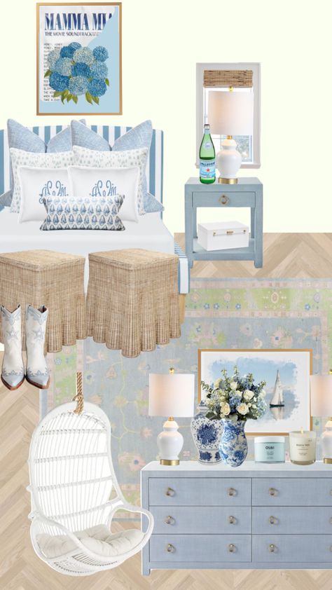 Coastal Grandma Bedroom, Blue And Green Room, Grand Millennial Bedroom, Coastal Preppy Bedroom, Coastal Apartment Decor, 2024 Bedroom, Captains Quarters, Bedroom 2024, Freshman Dorm