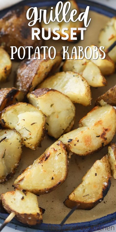 These Grilled Russet Potatoes are the perfect addition to any barbecue or summer cookout. They’ve got smoky charred edges and fluffy, tender insides that taste great with a sprinkle of cheese or drizzle of sour cream. Pork Chop Brine Recipes, Barbeque Side Dishes, Potatoes On The Grill, Potato Kabobs, Russet Potato Recipes, Parboiled Potatoes, Kielbasa And Potatoes, Easy Summer Side Dishes, Best Potato Recipes