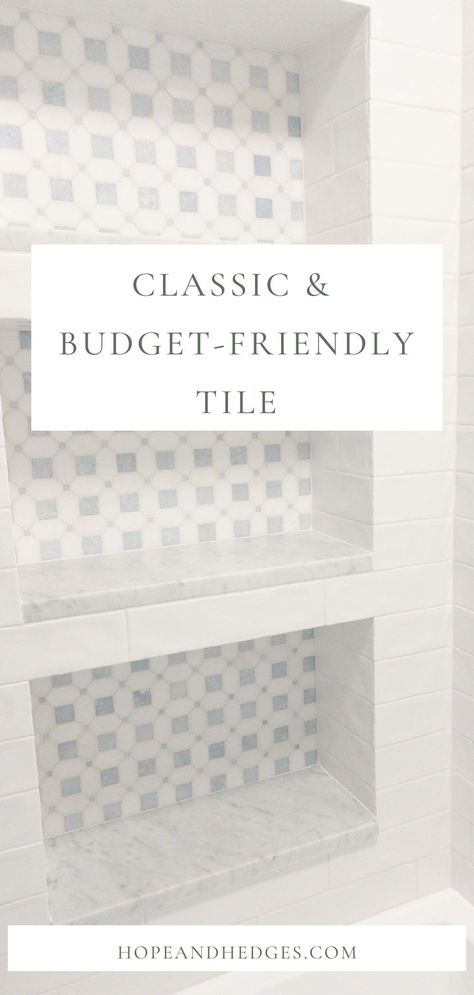 Floor and Decor tile is such a great option if you're on a budget. Whether you're looking for kitchen backsplash tile, bathroom floor tile, shower tile, or even shower niche tile, keep reading! I designed this Thassos tile basket weave marble mosaic shower niche with some of my FAVORITE classic tile (and affordable tile!) from Floor and Decor. Simple Tile Bathroom Ideas, Master Bath Tile Mood Board, Marble Tile Powder Room, Bria Hammel Interiors Bathroom, White Herringbone Shower Floor, Modern Coastal Shower Tile Ideas, Primary Bath Tile Ideas, Classic Bathroom Tiles Design Ideas, Marble Look Bathroom Floor