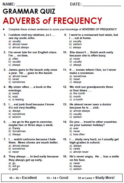 Quality ESL grammar worksheets, quizzes and games - from A to Z - for teachers & learners ADVERBS  of FREQUENCY Past Simple Grammar, English Grammar Test, English Grammar Quiz, Esl Grammar, English Grammar Exercises, English Quiz, Grammar Quiz, English Teaching Materials, Grammar Exercises