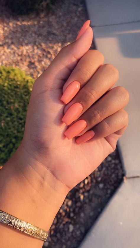 Orange Nails Different Shades, Solid Colours Nails, Plain Colour Nails Simple, Plain Color Acrylics, Plain Colour Nails Summer, Summer Acrylic Nails One Color, Light Orange Acrylics, Nails Acrylic Peach Color, Trendy Nails Medium Length