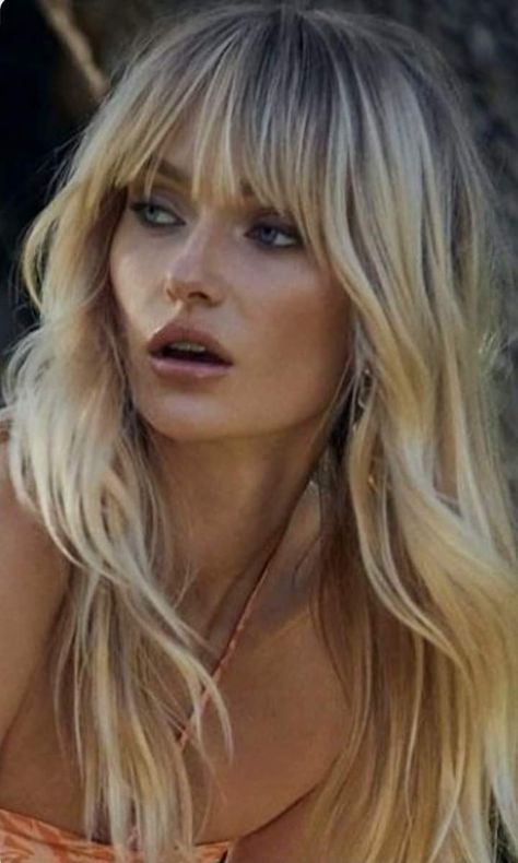 Bridget Bardot Curtain Bangs, Modern Bridgette Bardot Hair, Bright Blonde Hair With Bangs, Bombshell Hair With Bangs, 70s Fringe Hair Long, Modern 70s Hair, Long Shag With Bangs, Blonde Hair With Fringe, Curtains Bangs