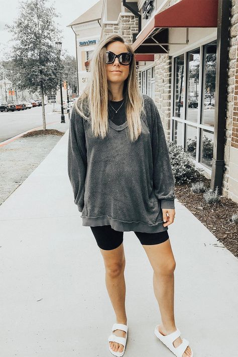 Bike shorts street style with @quincyxsmith Plastic Birkenstock Outfit, Plastic Birkenstock, Birkenstock Street Style, Shorts Street Style, Plastic Sandals, Waterproof Sandals, Birkenstock Outfit, Monochromatic Fashion, Birkenstock Women