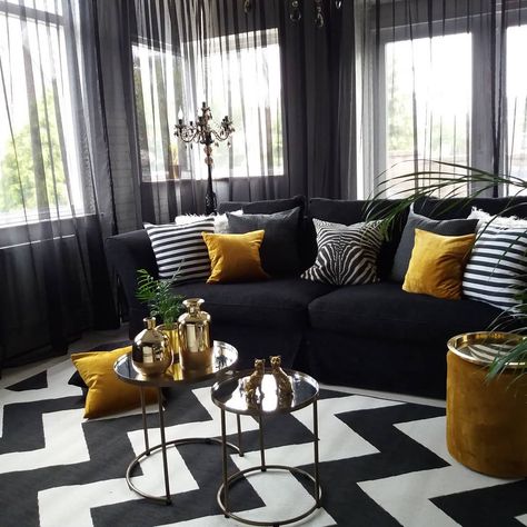 💛 Ochre Yellow, Zebra print, Chevron print, Black and white Livingroom Black Sofa Living Room Decor, Black Sofa Living Room, Black And White Living Room Decor, Yellow Decor Living Room, Black Living Room Decor, White Living Room Decor, Black And White Living Room, Gold Living Room, Black Living Room