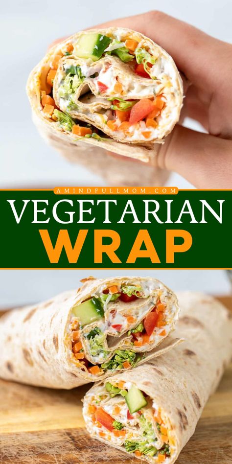 Looking for an easy school lunch idea? These Vegetarian Wraps are made with fresh, crisp vegetables, a thick, homemade ranch spread, and sharp shredded cheese. It also makes a simple back-to-school recipe for the kids! To Go Vegetarian Lunch, Easy Vegetarian School Lunch Ideas, Vegan Veggie Wraps, Roasted Vegetable Wrap, Wraps For Lunch Vegetarian, Lunch Ideas Without Meat, Easy Vegetarian Lunches For Work, Vegetable Lunch Ideas, Vegetarian School Lunches