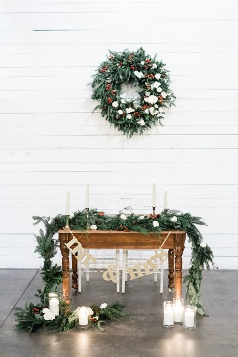 Christmas Sweet Heart Table Wedding, Winter Bride And Groom Table, Winter Alter Decorations, Winter Wedding Gift Table, Christmas Wedding Mantle Decor, Christmas Bride And Groom Table, Head Table Winter Wedding, December Wedding Sweetheart Table, Bride And Groom Table Christmas