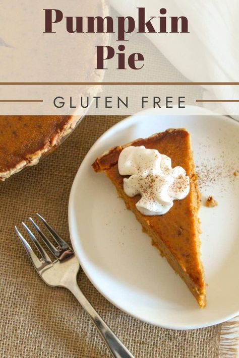 Enjoy this delicious gluten free pumpkin pie anytime the mood strikes - it's super easy and uses a tasty homemade pie crust! Gf Pumpkin Recipes, Gluten Free Pumpkin Pie Recipe, Gluten Free Pumpkin Recipes, Gluten Free Holiday Recipes, Gluten Free Pumpkin Pie, Celiac Recipes, Thanksgiving Dessert Recipes, Gluten Free Crust, Gluten Free Holiday