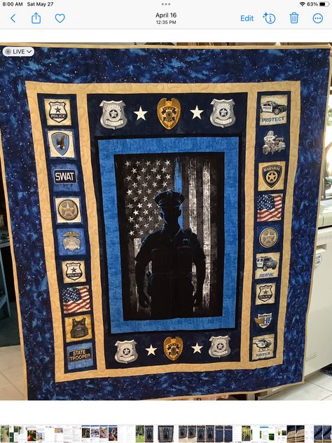 Made for Grandson Police Quilt Ideas, Fire Fighter Quilt Patterns, Police Quilt, Firefighter Quilt, Fireman Quilt, Captain America Fabric Pannel, Military Quilt Ideas, Panel Quilts, Police Officer