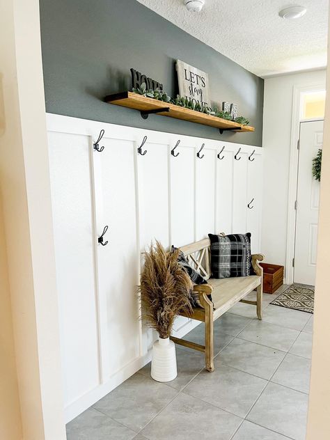 Shiplap With Hooks Entry, Laundry Room Bench And Hooks, Laundry Room Wall With Hooks, Shiplap Wall In Laundry Room, Mudroom Beadboard Wall, Shiplap Coat Rack Wall, Shiplap Wall With Hooks, Entryway Shiplap Wall, Shiplap Coat Rack