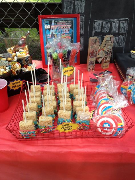 LOVE the colors of the rice crispy treats  and comic book lettering Captain America Birthday Party, Captain America Birthday, Marvel Birthday Party, America Party, Avenger Birthday Party, Avengers Party, Avengers Birthday, Superhero Birthday Party, Rice Crispy Treats