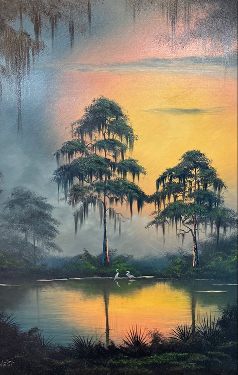 Swamp Landscape Drawing, Cypress Tree Painting, Bayou Paintings Louisiana, Swamp Painting, Louisiana Swamp Art, Florida Swamp Aesthetic, Louisiana Swamp Paintings, Swamp Art, Florida Swamp Art