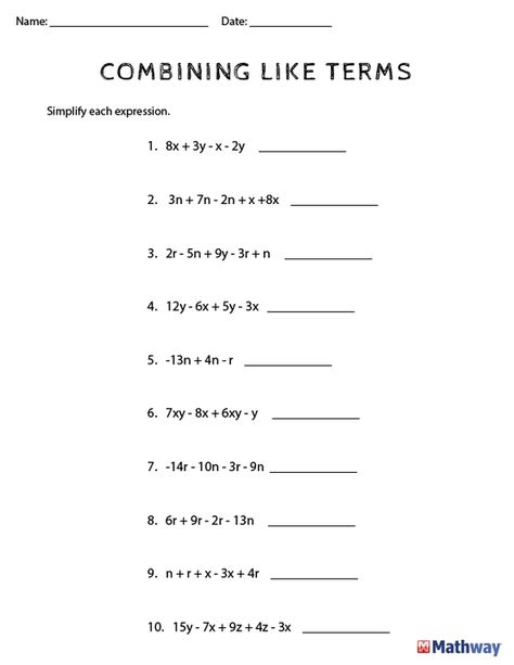 Want to practice 'Combining Like Terms'? Print out our worksheet and check your answer with our website- www.mathway.com. Grade 7 Math Worksheets With Answers, Algebra Equations Worksheets, Transformations Math, 8th Grade Math Worksheets, 9th Grade Math, 7th Grade Math Worksheets, Equations Worksheets, Simplifying Algebraic Expressions, Exponent Worksheets