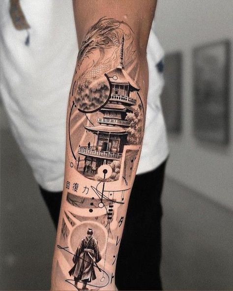 Pagoda Tattoo, Guerriero Samurai, Mangas Tattoo, Vietnam Tattoo, Temple Tattoo, Lace Tattoo Design, Simple Tattoos For Guys, Small Shoulder Tattoos, Samurai Tattoo Design