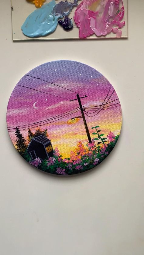 Painting Landscape Easy, Cute Canvas Paintings Easy, Painting Room Decor Ideas, Canvas Paintings Easy, Circular Canvas Painting, Painting Design Ideas, Easy Acrylic Painting For Beginners, Painting Room Decor, Painting On Canvas For Beginners