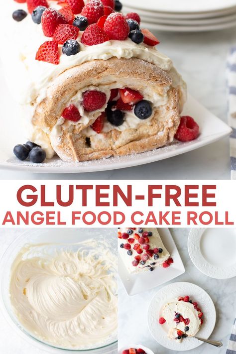 If you’re looking for a delicious, gluten-free 4th of July dessert or patriotic red, white and blue dessert look no further! This gluten-free angel food cake roll is filled with a luscious cream cheese and berry filling. Angel Food Cake Roll, Gluten Free Angel Food Cake, Berry Filling, Meaningful Eats, 4th Of July Dessert, Best Gluten Free Desserts, Gluten Free Cake Recipe, Cake Roll Recipes, Free Angel