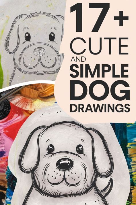 17+ cute and simple dog drawings on a colorful background with art supplies. How To Draw A Dog Face, Drawing Ideas Easy Dog, Simple Dog Drawings, Cartoon Dog Drawing Easy, How To Draw A Cute Dog, How To Draw A Dog Step By Step, Dog Doodles Simple, Funny Dog Drawings, Dog Simple Drawing